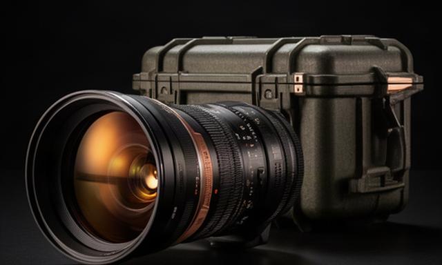 Obiettivo cine 50 millimetri luminoso accanto a una custodia rigida